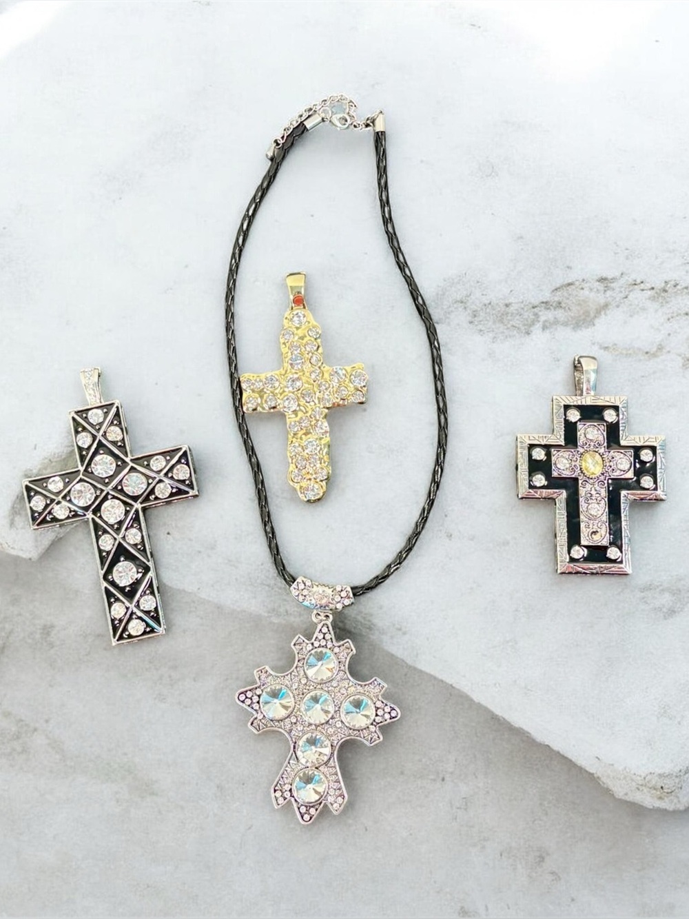 Set of 4 Crystal Cross Pendant Necklace Silver Black Gold Bling Gemstone Jewelry